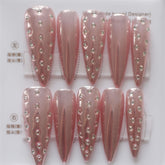 Vibeficant Progel Pink Glitter Handmade Gel Press on Nails Long Stiletto Rhinestone Design